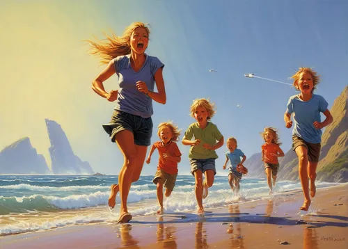 walk with the children,little girls walking,walk on the beach,beach walk,oil painting on canvas,oil painting,people on beach,children jump rope,children's background,children girls,surfers,young swimmers,little girls,summer holidays,family outing,beach goers,beach sports,seven sisters,summer day,young women,Conceptual Art,Sci-Fi,Sci-Fi 21