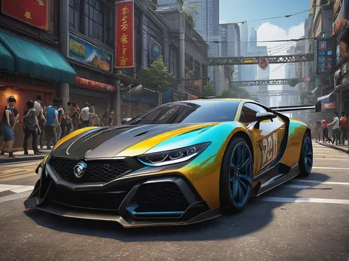 Design an adrenaline-pumping racing challenge on a busy city street for Tencent Games.,mégane rs,game car,i8,renault magnum,merc,renault,electric sports car,artega gt,spyder,acura,bmw i8 roadster,rena