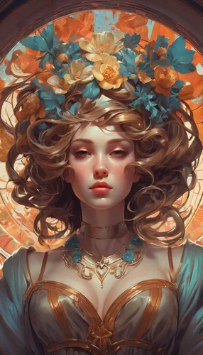 golden wreath,fantasy portrait,celestial chrysanthemum,marigold,crown marigold,golden crown,flora,blooming wreath,mystical portrait of a girl,orange blossom,mucha,art nouveau,wreath of flowers,flowers celestial,bloom,rosa ' amber cover,girl in a wreath,monarch,marigold flower,elven flower,Conceptual Art,Fantasy,Fantasy 01