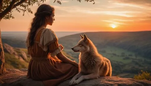 a brown wolf and a sad girl, both seen from behind. They are sitting on a cliff under a tree branch. The girl put his arm around the wolf's shoulders, she looks at the sheep with a sympathetic smile. 