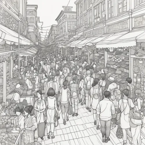 grand bazaar,namdaemun market,shopping street,mono-line line art,the market,fruit market,large market,market,pedestrian zone,market introduction,vegetable market,spice market,food line art,souk,marketplace,hippy market,line drawing,mono line art,upper market,hand-drawn illustration,Illustration,Japanese style,Japanese Style 15