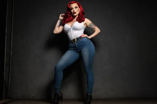 one character, beauty pinup woman Jessica Rabbit from movie, large bosoms and curvy body, tattoos over body, clothes rocker tshirt and jeans tights, standing body full view, dark background,skinny jea