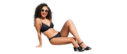 Ladies, bathing suits, beachside, summer vibe, bright smile, sunglasses, curly hair, golden skin, belly button ring, high heels, red lipstick, glamorous makeup, 3/4 composition, soft focus background,