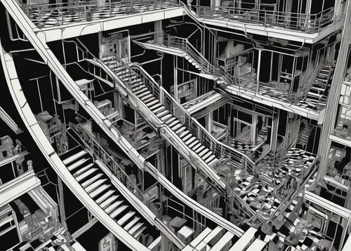 escher,panopticon,descend,panoramical,spiral staircase,fractal environment,fire escape,complexity,neural pathways,spiral stairs,rope-ladder,stairwell,maze,engine room,winding staircase,multi storey car park,vertigo,eu parliament,steel stairs,multi-storey,Illustration,American Style,American Style 08