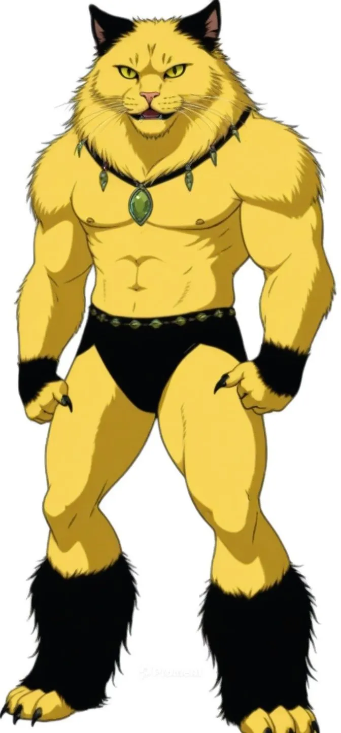 Ookla the Mok male, Fur coved cat ears, cat fangs, main yellow, Long hair on head, four claw like fingers two toed boots black,a cartoon character in a furry outfit with big cats,magan,sabretooth,buko