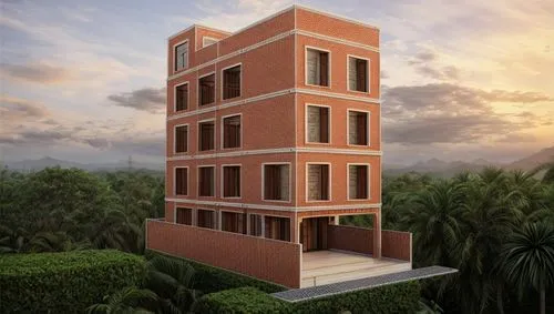 residential tower,3d rendering,high-rise building,multi-storey,apartment building,cubic house,build by mirza golam pir,brick block,multi-story structure,apartment block,kitchen block,cube stilt houses,sky apartment,frame house,model house,block of flats,renaissance tower,two story house,architectural style,residential building,Architecture,General,Masterpiece,Vernacular Modernism