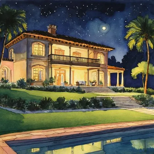 florida home,mansion,luxury home,luxury property,holiday villa,house by the water,pool house,house painting,bendemeer estates,home landscape,luxury real estate,hacienda,villa,beautiful home,beach house,large home,country estate,night scene,house drawing,private house,Illustration,Retro,Retro 20