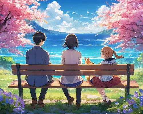 japanese sakura background,sakura background,springtime background,spring background,violet evergarden,studio ghibli,bench,sakura trees,the cherry blossoms,picnic,sakura tree,lily family,idyllic,summer day,sakura blossoms,spring blossoms,sea of flowers,blossoms,sakura flowers,yuki nagato sos brigade,Illustration,Japanese style,Japanese Style 03