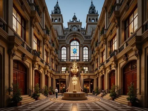 Grandiose courthouse facade, intricate stone carvings, pointed arches, ribbed vaults, flying buttresses, stained glass windows, ornate clock towers, Gothic spires, lavish gargoyles, grotesque sculptur