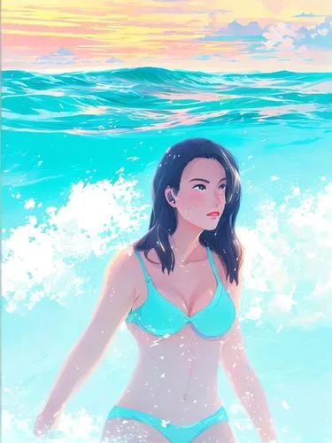 the painting depicts a vibrant and graceful caucasian girl with a brown beard, black hair, red lips, and a sleek black bikini. She stands in the middle of the water, surrounded by the peaceful waves, 