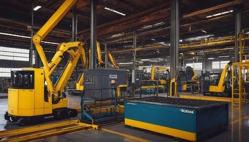 Riordan Manufacturing, industrial setting, factory interior, modern machinery, steel beams, concrete floor, fluorescent lighting, rows of workstations, conveyor belts, robotic arms, computer screens, 