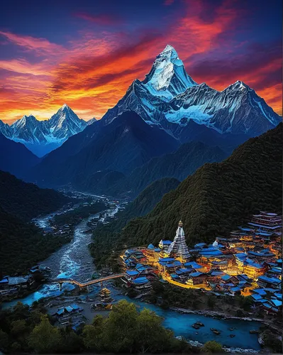 everest region,mount everest,tibet,ama dablam,everest,himalaya,matterhorn,yunnan,mountain village,annapurna,nepal,mountain settlement,mountainous landscape,himalayas,guilin,alpine village,mountain peak,mountain landscape,marvel of peru,himalayan,Art,Artistic Painting,Artistic Painting 03