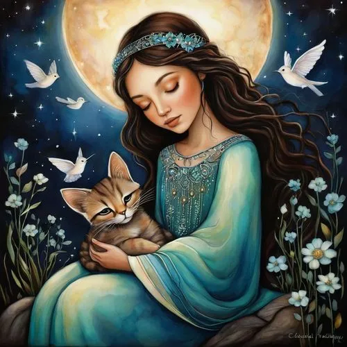 cat lovers,blue moon rose,fairy tale,fairy tale character,cat love,faery,children's fairy tale,kitten,faerie,a fairy tale,sun and moon,fantasy picture,boho art,harmony,fairy tale icons,romantic portrait,dove of peace,kittens,cat sparrow,moon and star,Conceptual Art,Daily,Daily 34