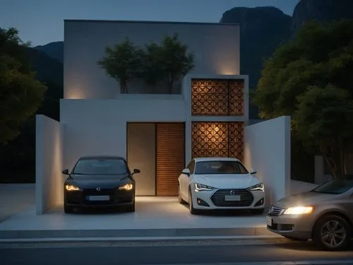 house two cars MODERN , in front street and in the background mountains and blue sky keep volumetry and materials and in windows with lights, WALL COLOR  gray WARM AND WHITE,two new model cars parked 