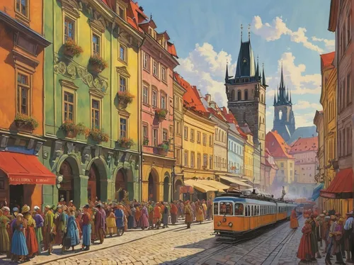 Describe a bustling Czech street lined with colorful buildings.,poznan,krakow,gdańsk,transilvania,brno,sibiu,riga,leipzig,tram,transylvania,cluj,vilnius,petersburg,dresden,colorful city,street scene,p