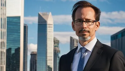 Mature male, architect, master's degree, formal wear, black suit, white shirt, tie, glasses, beard, confident pose, standing in front of a modern skyscraper, cityscape, sunny day, blue sky, fluffy whi