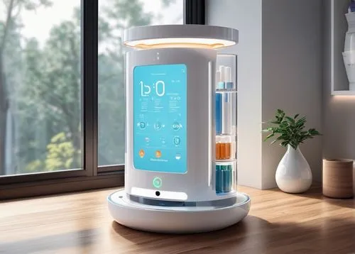 Modern smart medication dispenser, futuristic design, sleek white body, LED display screen, touch sensor interface, automatic pill sorting mechanism, transparent glass container, rotating carousel, ad