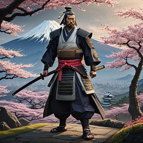 Raiden Shogun, Japanese feudal lord, powerful build, muscular arms, worn armor, samurai helmet, sharp katana, traditional Japanese clothing, haori jacket, hakama pants, geta sandals, serious facial ex