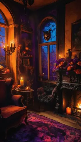 halloween scene,halloween background,christmas room,victorian room,witch's house,ornate room,fireplaces,fantasy picture,fireplace,inglenook,the little girl's room,coziest,sitting room,warm and cozy,romantic night,halloween decor,witch house,coziness,halloween travel trailer,winter window,Photography,Artistic Photography,Artistic Photography 08