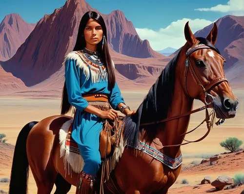 A young skinny woman with long straight dark hair, tanned skin and dark brown eyes. She is dressed with a native american clothes. She is mounting a horse. The background is an alien planet. Retro sci