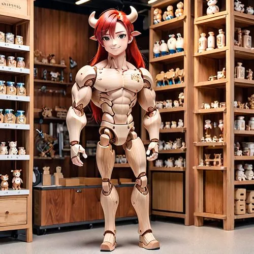 cow face, anthropomorphic cow, muscular physique, wood doll, wood mannequin, doll joints, wood body, wood muscles, ball joints, ball-jointed doll, segmented body, standing upright, red hair, wood skin