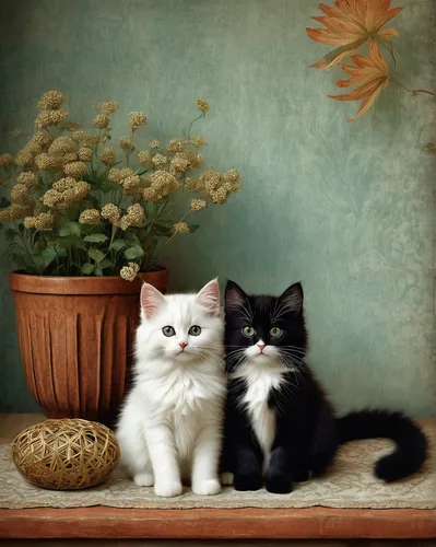 vintage cats,kittens,baby cats,vintage boy and girl,two cats,cat lovers,cute animals,cat family,romantic portrait,little boy and girl,felines,american shorthair,american wirehair,cats on brick wall,young couple,small to medium-sized cats,gothic portrait,two friends,cute cat,beautiful couple,Illustration,Realistic Fantasy,Realistic Fantasy 35