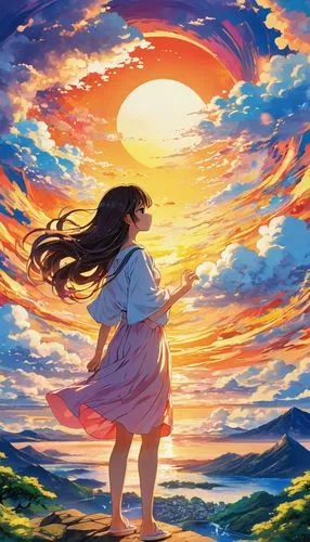 bohua,summer sky,little girl in wind,sunset,rising sun,summerwind,bright sun,sunrise,daybreak,landscape background,watercolor background,the horizon,dreamscape,bocchi,setting sun,amaterasu,inuyasha,awakening,summer background,hosoda,Illustration,Japanese style,Japanese Style 04