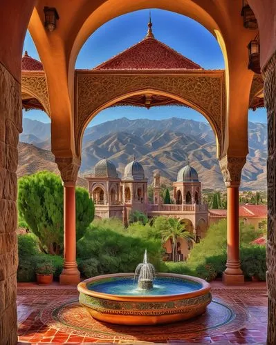 Spanish architecture, ancient Moorish style, intricate stone carvings, ornate arches, grandiose domes, Islamic geometric patterns, vibrant tile work, ornamental fountains, lush greenery, ornate balcon