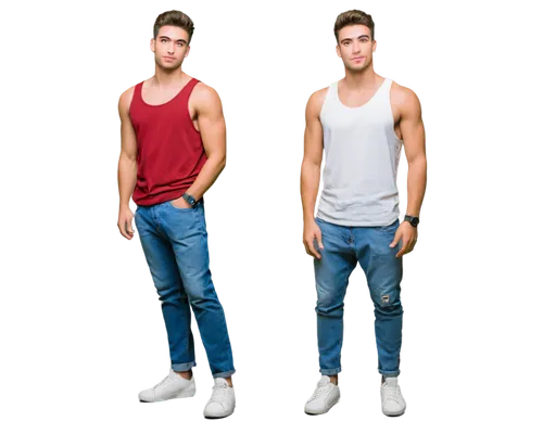 male model, studio photography, solo, (25yo), handsome facial features, strong jawline, messy short hair, bold eyebrows, fit physique, white tank top, ripped jeans, sneakers, relaxed pose, one hand in