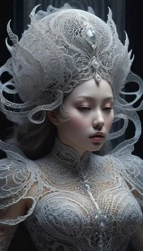 the snow queen,suit of the snow maiden,white rose snow queen,ice queen,filigree,dead bride,white lady,fantasy portrait,chinese art,the enchantress,mystical portrait of a girl,fantasy art,3d fantasy,bridal veil,fairy queen,oriental princess,veil,the sea maid,pale,faery,Photography,Artistic Photography,Artistic Photography 11