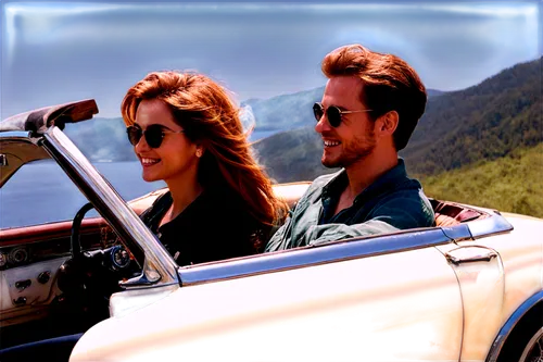 Trip images, scenic photography, breathtaking views, majestic mountains, serene lakes, rolling hills, winding roads, vintage car, happy couple, smiling faces, casual wear, sunglasses, messy hair, rela