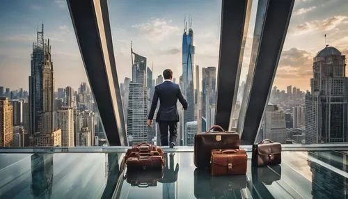 Luxury skyscraper, modern architecture, sleek lines, gleaming glass, steel beams, grand entrance, high-rise building, city skyline, metropolitan area, businessman, suited, tie, briefcase, confident st