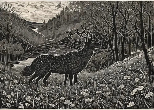 woodcut,deer illustration,cool woodblock images,hunting scene,hare of patagonia,woodblock prints,wild hare,musk deer,patagonian hare,steppe hare,field hare,animals hunting,feral goat,hare trail,rabbits and hares,peccary,fox and hare,pere davids deer,woodland animals,kelpie,Illustration,Black and White,Black and White 15