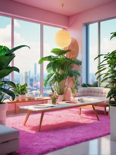 pink chair,modern decor,livingroom,apartment lounge,mid century modern,living room,houseplants,tropicana,interior design,sky apartment,houseplant,an apartment,apartment,3d render,tropical house,house plants,aesthetic,modern room,brighthouse,soft furniture,Conceptual Art,Sci-Fi,Sci-Fi 28