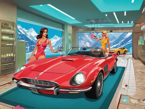 car salon,car boutique,car showroom,muscle car cartoon,car hop,drive in restaurant,ferrari america,retro diner,car wash,ferrari california,underground garage,3d car wallpaper,berlinetta,car dealership,car rental,cosmetics counter,game illustration,digital compositing,retro pin up girls,cartoon car,Illustration,Vector,Vector 19