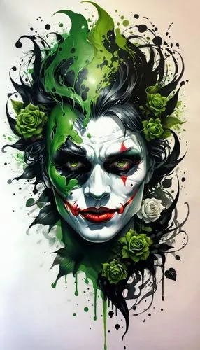 By Tun Tun,  Create tattoo design, green, black and white. Many face masks and a poison joker. Please provide an in-depth critique of my artwork. Assess the composition, balance, and use of color, dis