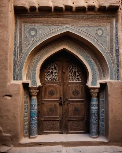 Ancient Yemeni architecture, mud-brick buildings, intricately decorated windows, arched doorways, vibrant tile work, ornate Islamic calligraphy, rustic stone walls, wooden doors with metal knockers, n