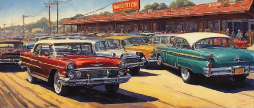 1955 montclair,vintage cars,old cars,american classic cars,hotrods,gas-station,car dealership,truck stop,automobiles,1950s,gas station,1950's,aronde,electric gas station,vintage art,ford mainline,austin cambridge,classic cars,car hop,edsel,Illustration,Realistic Fantasy,Realistic Fantasy 05