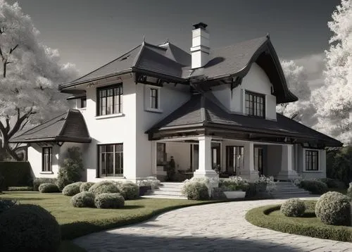 dreamhouse,3d rendering,houses clipart,victorian house,beautiful home,render,dormer,dormers,house shape,luxury home,country house,exterior decoration,house drawing,home landscape,traditional house,old victorian,house in the forest,large home,two story house,wooden house,Photography,Black and white photography,Black and White Photography 08