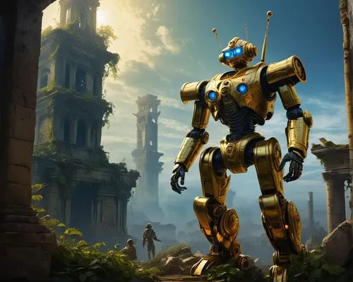 Ancient gold AI art, futuristic sci-fi scene, majestic golden robot, intricate mechanical details, glowing blue circuits, majestic pose, standing, ancient ruins, mysterious atmosphere, dim lighting, f