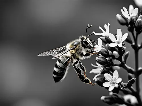 pollination,pollinating,flower fly,western honey bee,hover fly,pollinate,pollinator,bee,colletes,wild bee,bumblebee fly,hoverfly,syrphid fly,bee on jasmine flower,silk bee,drone bee,hornet hover fly,apis mellifera,honeybees,honeybee,Photography,Black and white photography,Black and White Photography 01