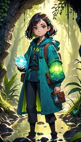 biologist,adventurer,game illustration,mountain guide,frog background,cg artwork,forest background,lepidopterist,female doctor,summoner,parka,sci fiction illustration,forest clover,chlorophyll,emerald,ying,poisonous plant,marie leaf,druid,apothecary,Anime,Anime,Cartoon