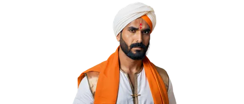 Mature Indian man, muscular build, dark skin, short black hair, thick beard, mustache, traditional clothing, white dhoti, orange turban, golden accessories, intense gaze, strong jawline, standing pose