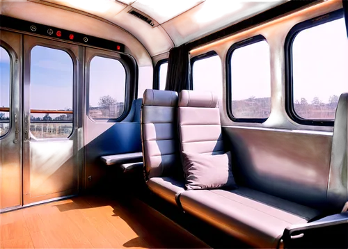 High-speed train, modern design, silver body, large windows, comfortable seats, luggage racks, soft cushions, wooden floor, warm lighting, morning sun rays, panoramic view, 3/4 composition, shallow de