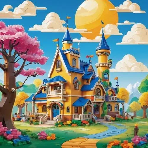 fairy tale castle,fairytale castle,dreamhouse,children's background,fantasyland,toonerville,cartoon video game background,fairyland,fairy village,dandelion hall,munchkinland,fairy world,country house,imaginationland,bonnycastle,sylvania,disneyland park,witch's house,fantasy world,candyland,Illustration,Retro,Retro 07