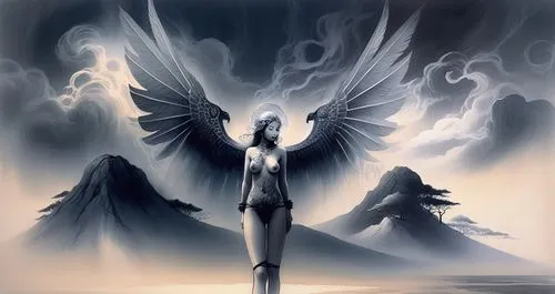 full nude very exotic and misty sky,the woman with long, angel like wings stands on top of the beach,angel of death,seraphim,archangels,dark angel,angelology,the archangel,angel wings,sylphs,angel win