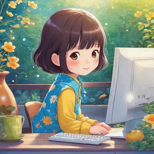 Browse a collection of cute and charming computer backgrounds,girl at the computer,girl studying,japanese floral background,online date,floral background,computer,work at home,illustrator,girl in flow