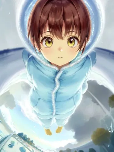 a anime girl with brown hair wearing a blue outfit,frisk,kamille,manaka,kumiko,mei,haru,keima,nanako,lain,kyoji,rayet,syaoran,snow angel,akasaki,chako,katara,haibara,kyon,snowsuit,meiko,Anime,Anime,Tr