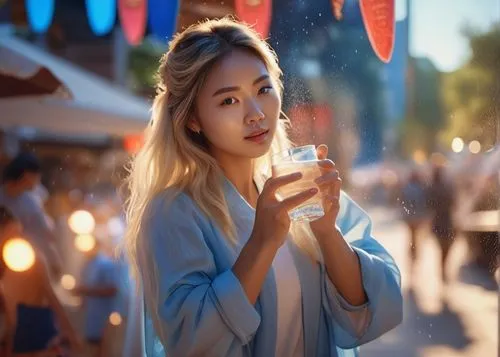 mujer asiatica rubia con ojos azules bebiendo un refresco ,uji,woman eating apple,japanese woman,alipay,bokeh effect,girl with speech bubble,woman drinking coffee,woman holding a smartphone,background