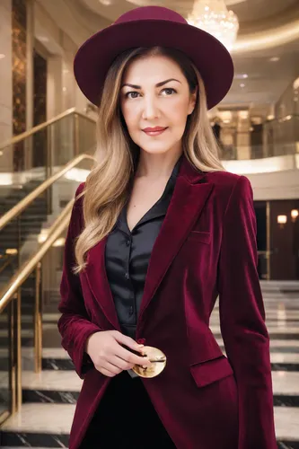 Mulher de cabelos longos loiros  de chapéu ,woman in menswear,concierge,business woman,businesswoman,the hat-female,social,the hat of the woman,leather hat,bussiness woman,menswear for women,red coat,